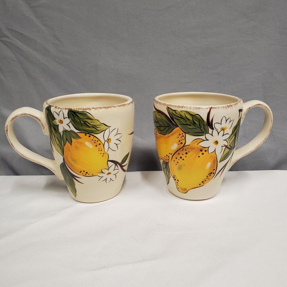 2 Rare Pier 1 One Imports Avalon Coffee Mug Discontinued Lemon Tree Flowers